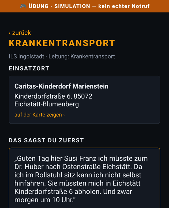 Begleit-App: Rollenkarte für einen Krankentransport-Anruf