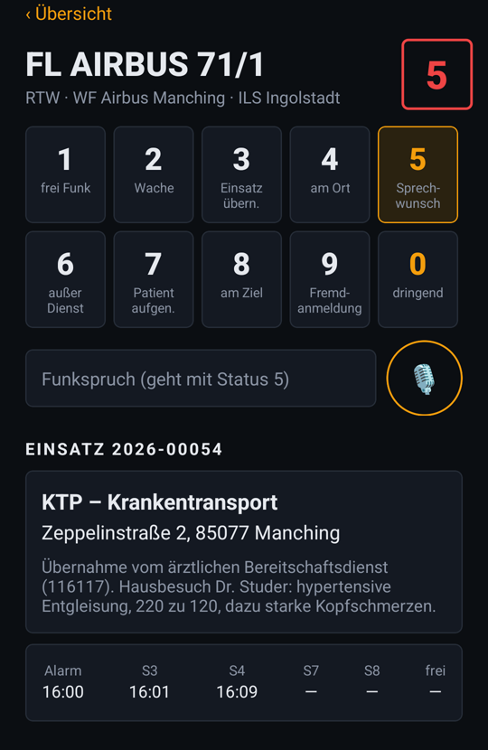 Begleit-App: Laufkarte eines Rettungswagens mit FMS-Tasten