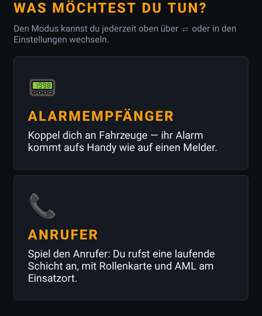 Begleit-App: Modus wählen – Alarmempfänger, Fahrzeug oder Anrufer